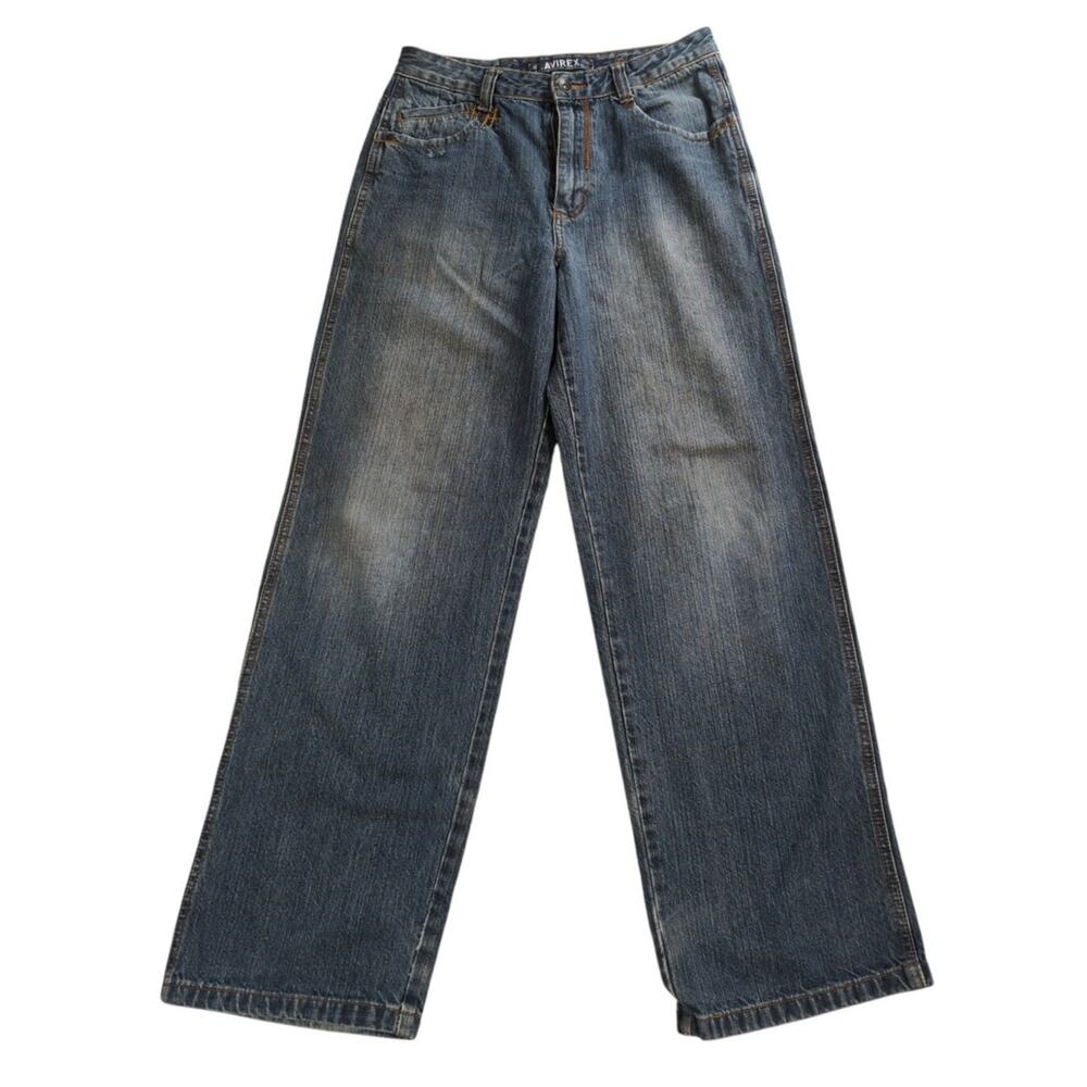 Y2K Avirex Baggy Wide Leg Jeans Blue Denim Womens Size 18 Streetwear Hip Hop